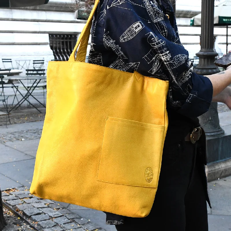 Leather NYPL Bookbinding Stamp Tote in Mustard