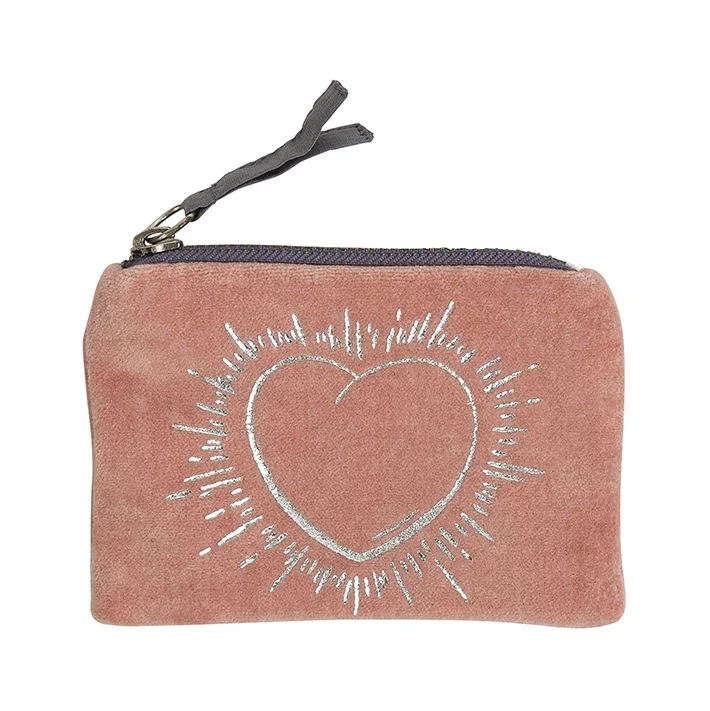 Velvet Zip Purse Peach with Silver Heart