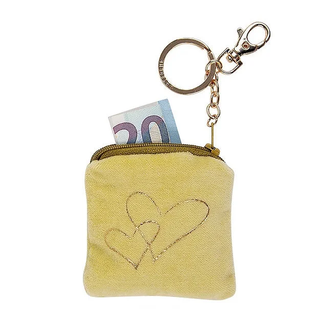 Keyring Velvet Purse Gold Heart on Yellow