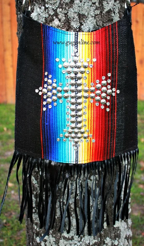 KurtMen Designs Cross Body Black Serape, Silver Star Studded Cross and Clear Crystals, Black Fringe and Black Back Purse