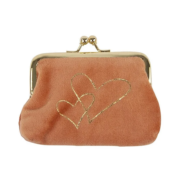 Velvet Clip Close Purse Peach With Gold Hearts